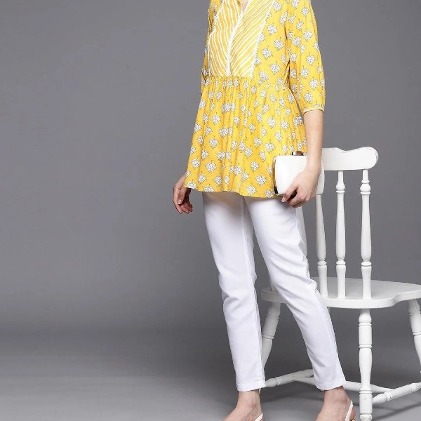 Printed Cotton Kurti - Yellow