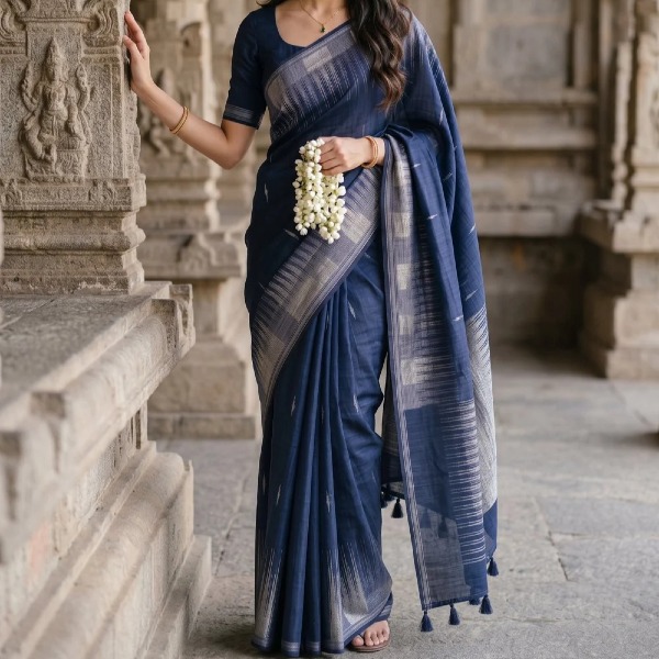 Semi Silk Saree - Navy Blue
